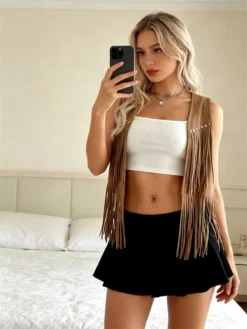 Women Tassel Cardigan Vest Solid Color Sleeveless