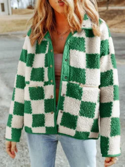 Women Fuzzy Plaid Coat Vintage Button-up