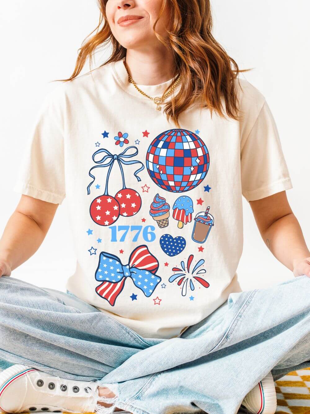 1776_Patriotic_Ivory 1776 Patriotic Graphic T-Shirt Americana 4th of July Icons Tee - Image 1