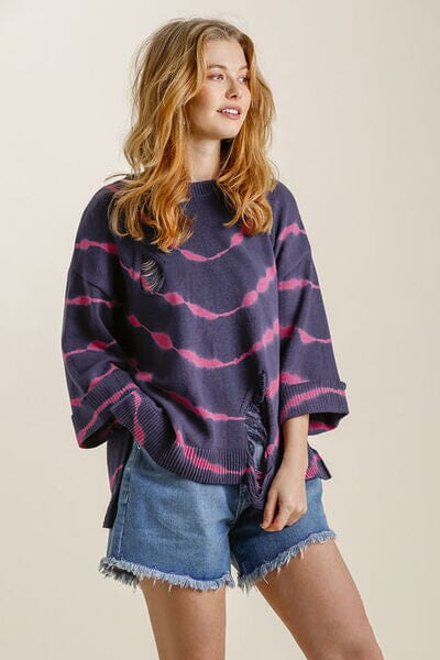 9b49401a-7619-4d3f-b8f0-7327f4a92319-Min Umgee Full Size Tie Dye Side Slit Round Neck Distressed Detail Sweater Plus Size - Image 1