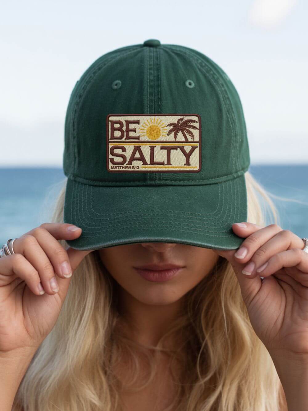 Be_Salty_Dad_Hat_Spruce Be Salty Matthew 3:14 Embroidered Patch Dad Hat - Image 1