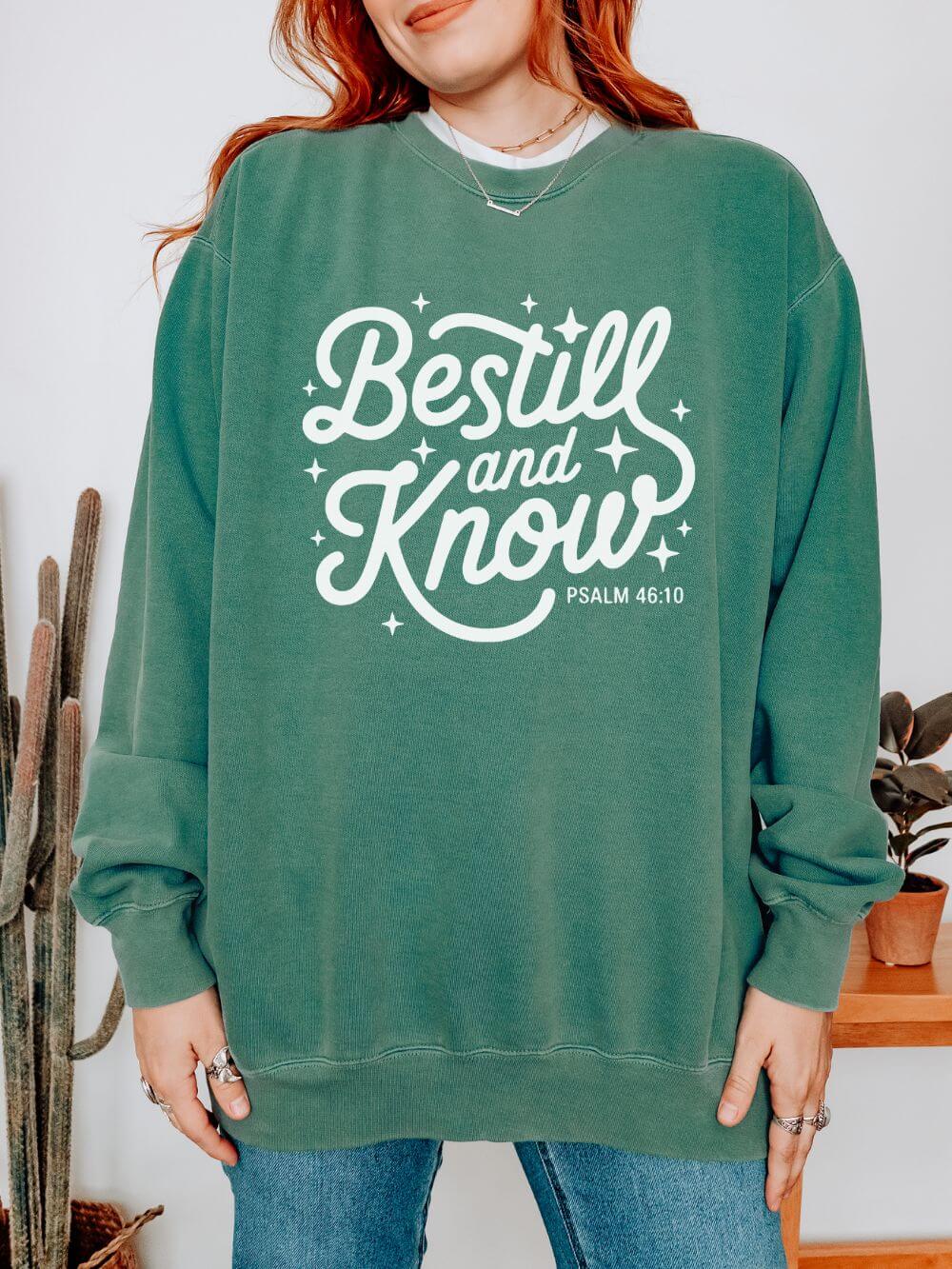 Be_Still_Light_Green Be Still and Know Psalm 46:10 Christian Cozy Comfort Colors Pullover Sweatshirt - Image 1