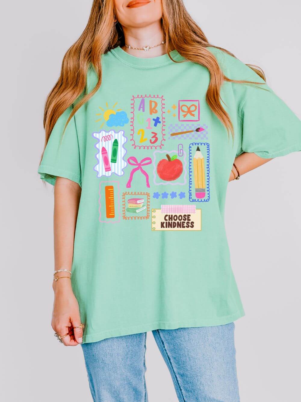 Choose_Kindness_Teacher_Island_Reef_1 Choose Kindness Coquette Doodles Bow Graphic Teacher Tee Back to School T-Shirt - Image 1