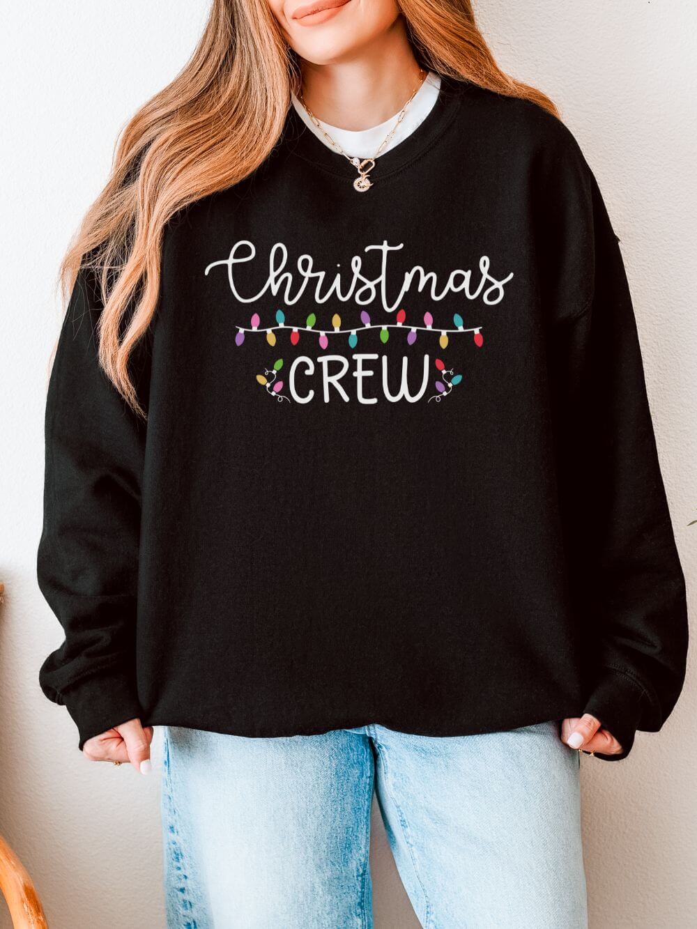 ChristmasCrewSweatshirtBlack Christmas Crew Heavy Blend Unisex Cozy Crewneck Holiday Lights Sweatshirt - Image 1