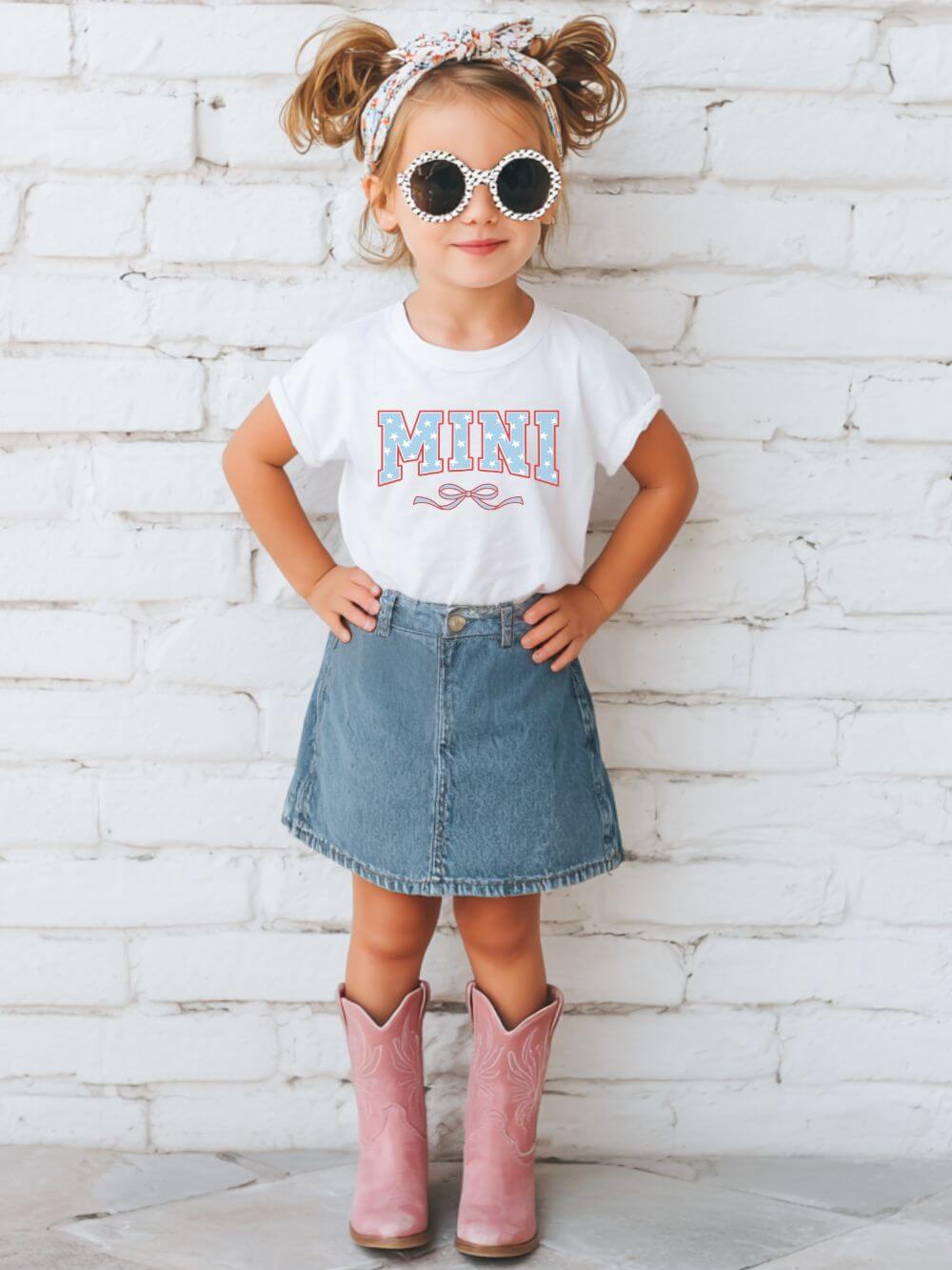 Coquette_Varsity_Mini_White Mini 4th of July USA Coquette Varsity Blue Bow Patriotic T-shirt Preppy Star Tee - Image 1
