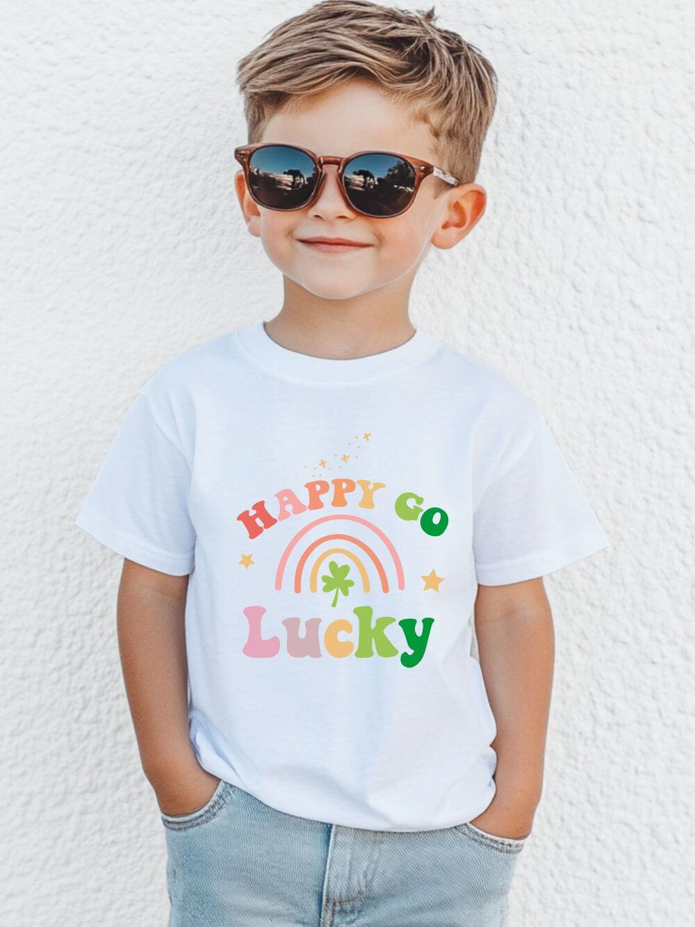 Happy_Go_Lucky_White Happy Go Lucky Rainbow Shamrock Youth Tee Cute St. Patrick's Day Kids T-Shirt - Image 1