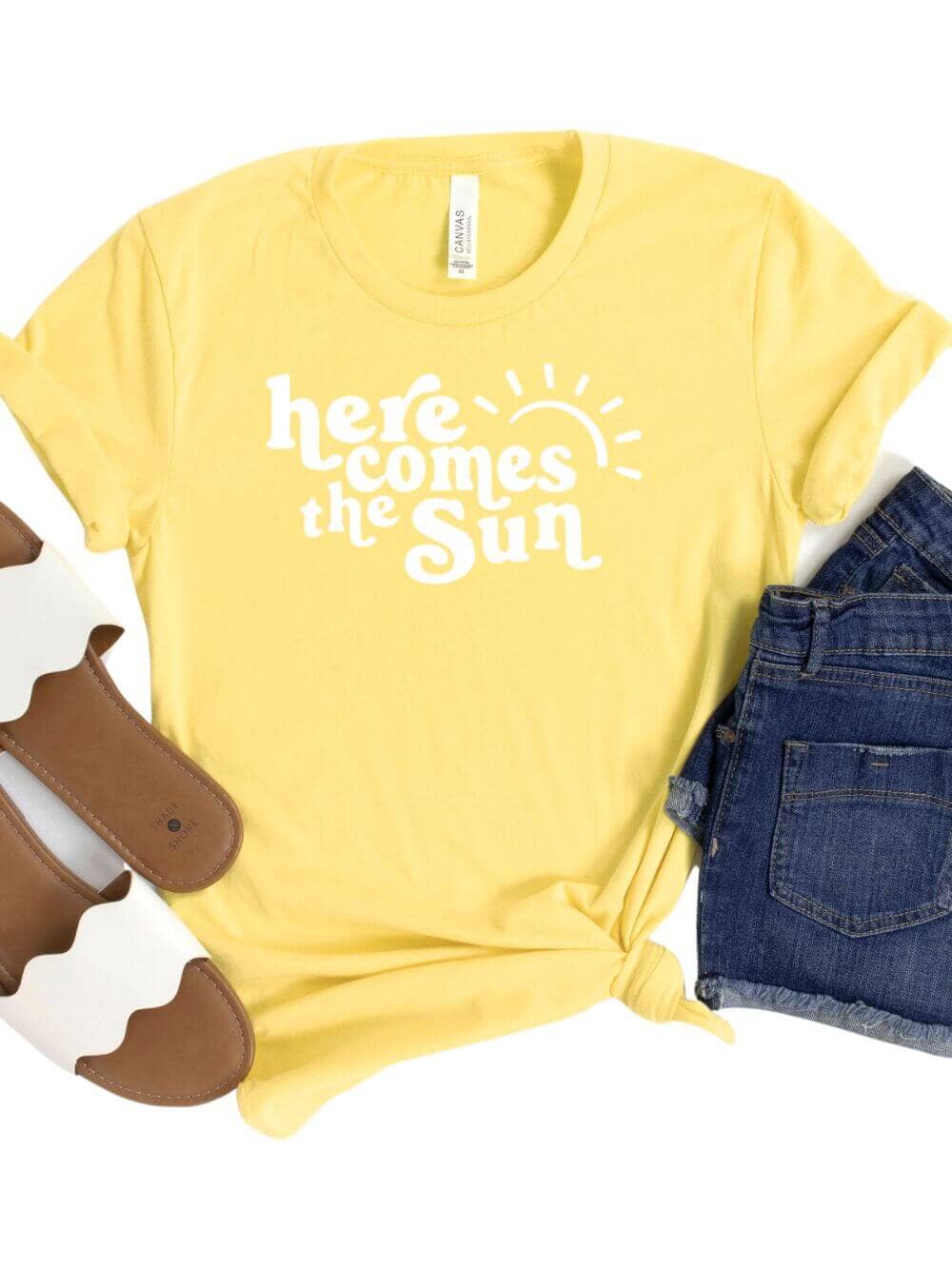 HereComestheSunYellow Here Comes the Sun Yellow Women's Jersey Short Sleeve Graphic Tee - Image 1