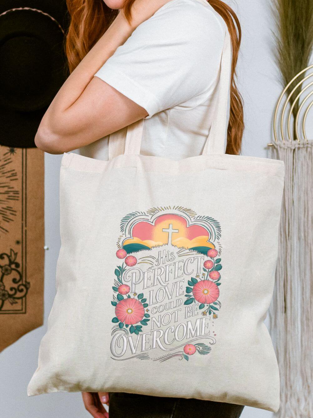 His_Perfect_Love_Tote His Perfect Love Could Not be Overcome Christian Cotton Canvas Tote Bag - Image 1