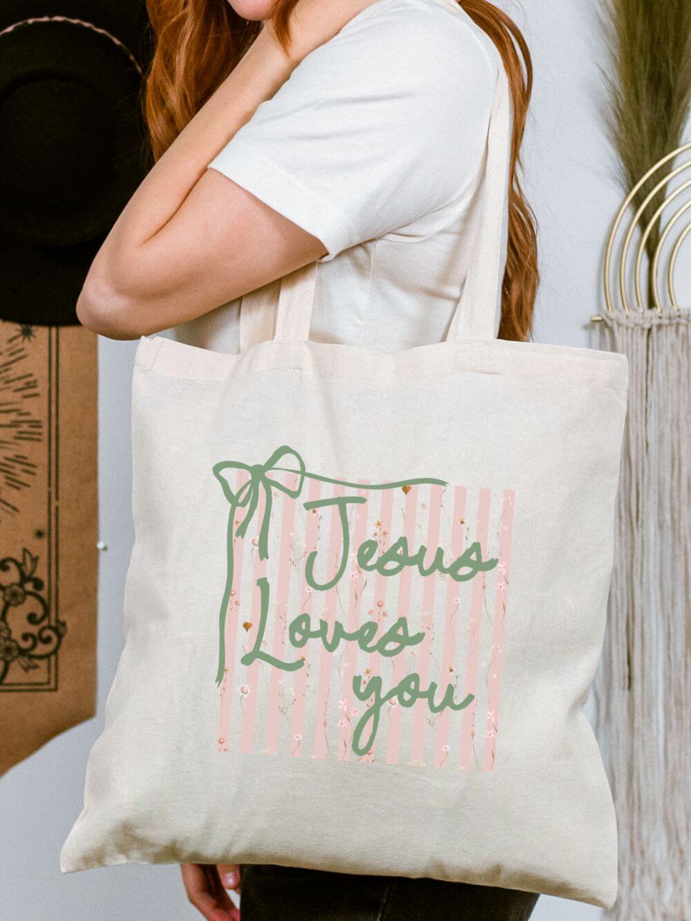 Jesus_Loves_You_Tote_II Jesus Loves You Striped Cotton Canvas Tote Bag Faith-Inspired Grocery & Everyday Bag - Image 1