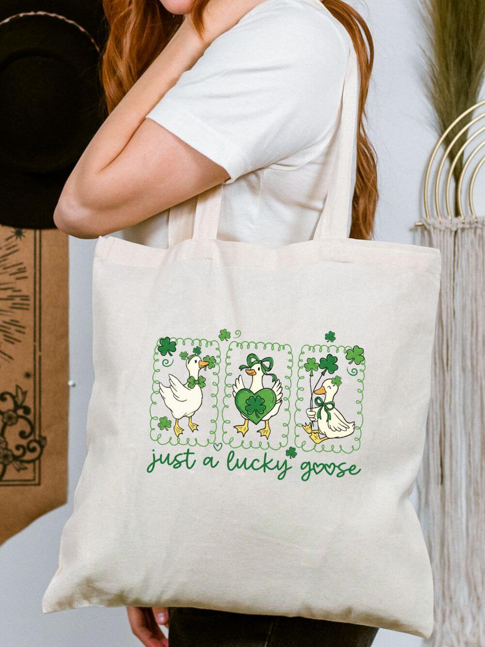 Just_a_Lucky_Goose_Tote Just a Lucky Goose St. Patrick's Day Shamrock Cotton Canvas Tote Bag - Image 1