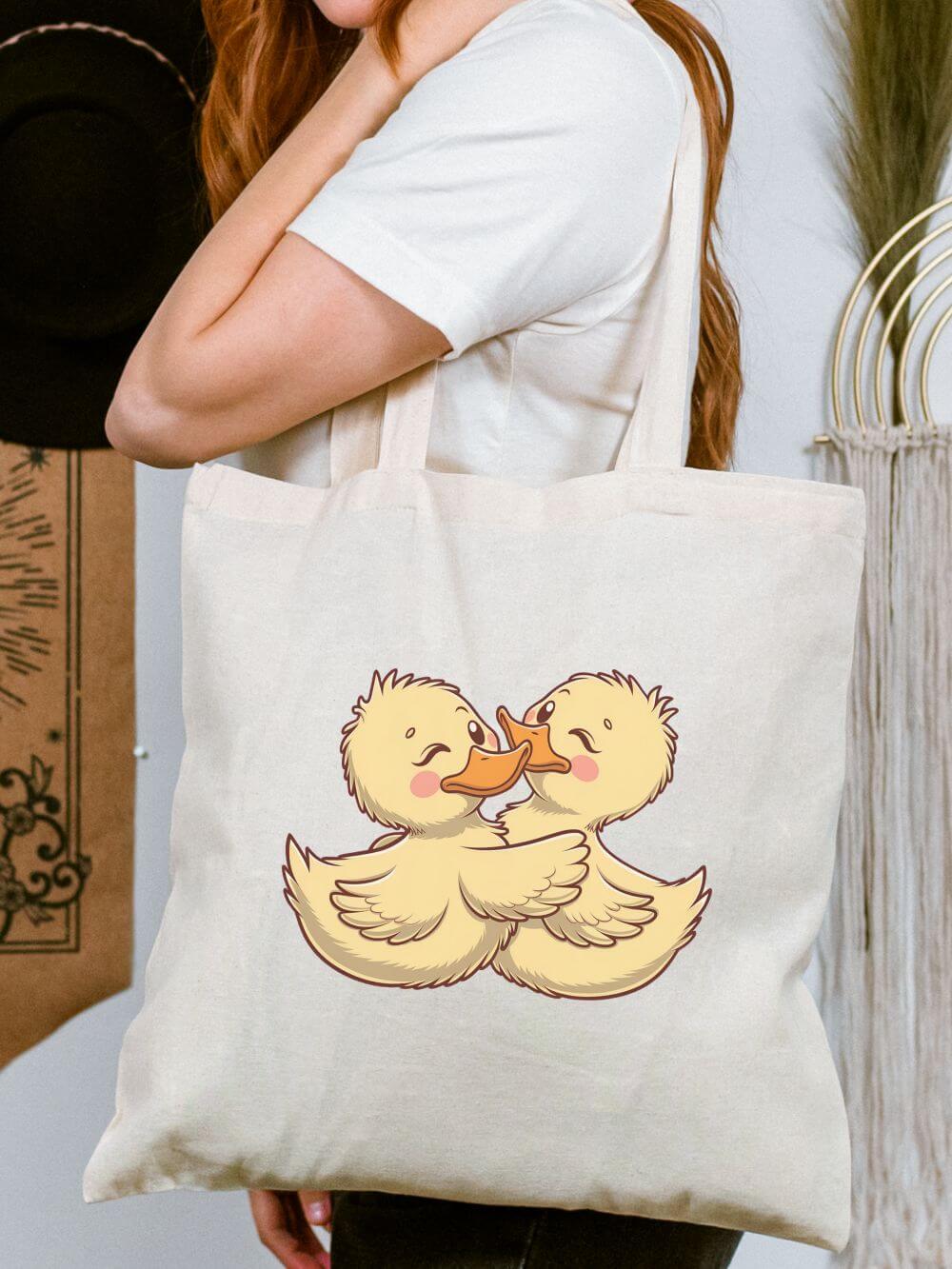 Kissing_Ducks_Tote Kissing Ducklings Cute Animal Cotton Canvas Tote Bag - Image 1