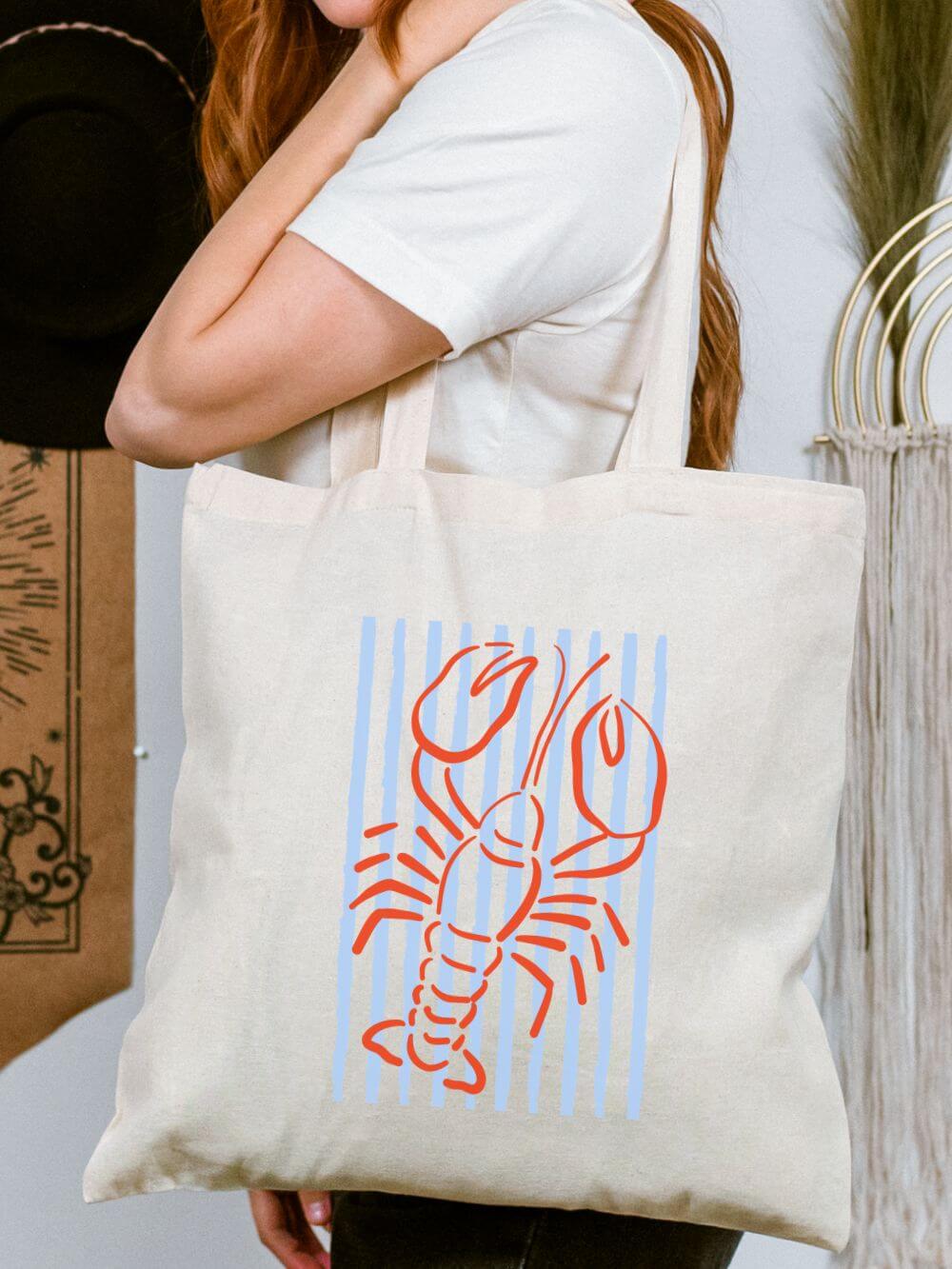 Lobster_Stripe_Tote Lobster Stripe Cotton Canvas Tote Bag Beachy Nautical Grocery Shopper - Image 1