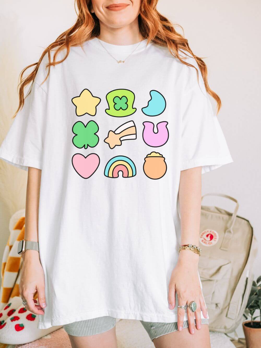 Lucky_Charms_White Lucky Charm Icons Graphic T-Shirt Pastel St. Patrick’s Day Unisex Short Sleeve Tee - Image 1