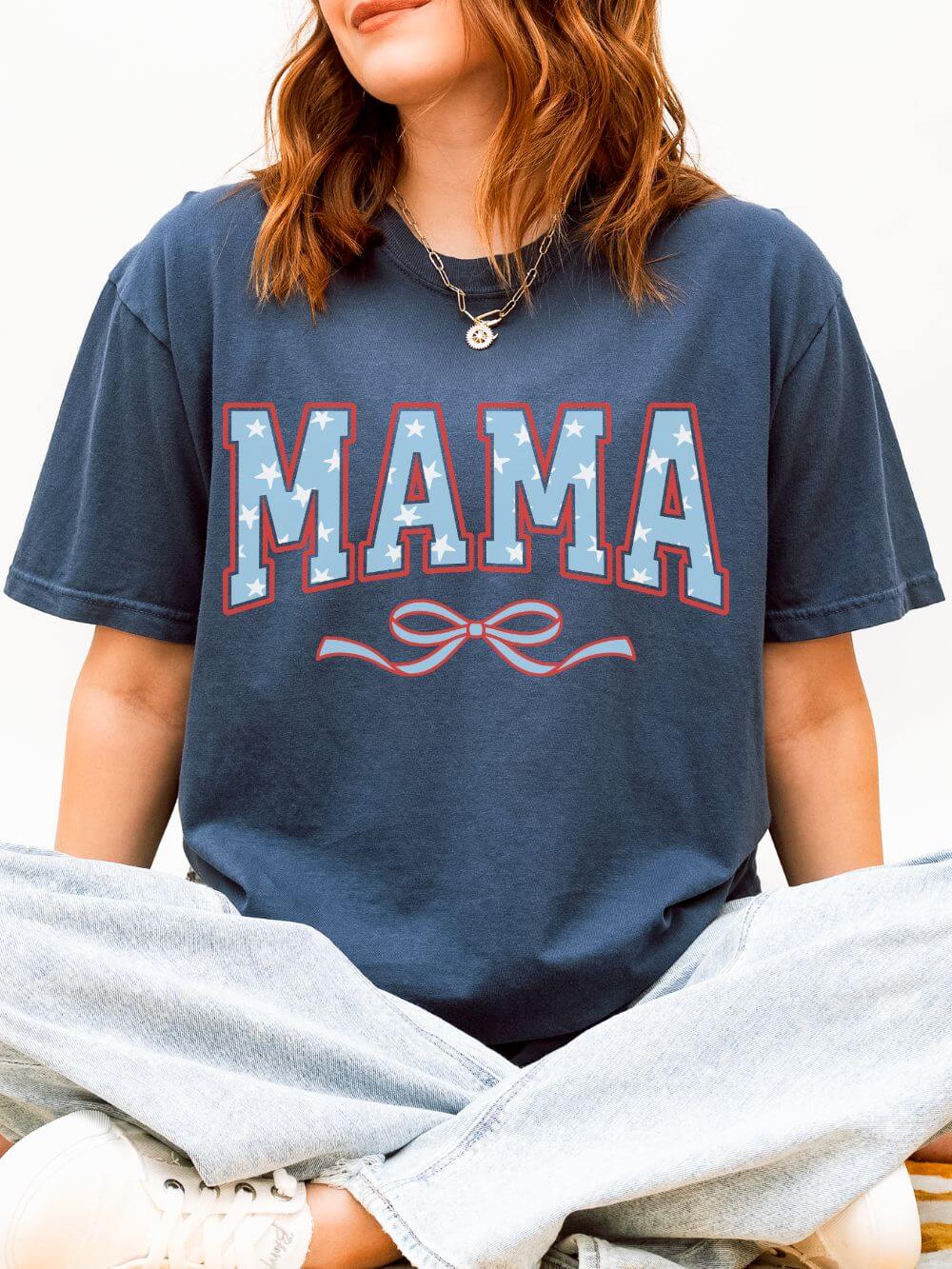 Mama_Coquette_Varsity_Midnight Mama 4th of July USA Coquette Varsity Blue Bow Patriotic T-shirt Preppy Star Tee - Image 1