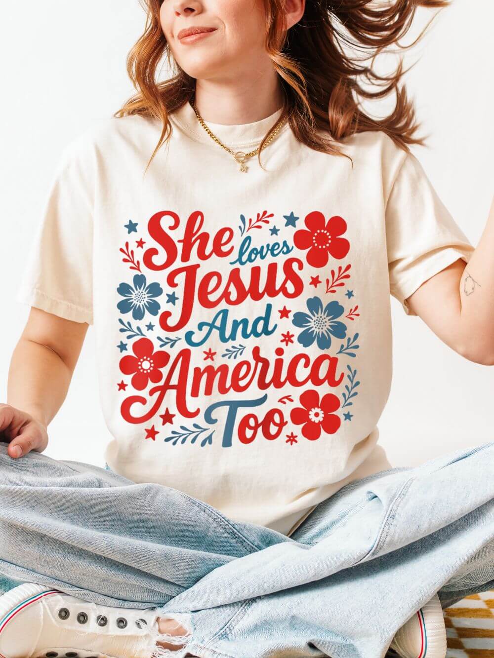 She_Loves_Jesus_Ivory She Loves Jesus and America Too T-Shirt Patriotic Christian Graphic Tee - Image 1