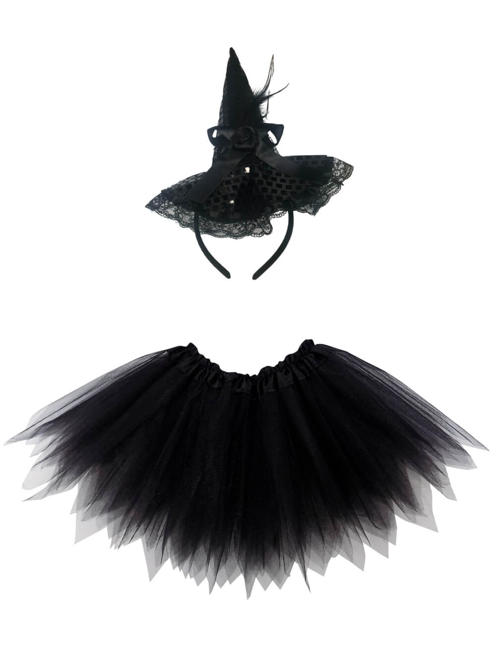 WitchPixieTutuCostume_1-1 Black Pixie Witch Costume Set for Adults & Plus Size – Tutu Skirt & Headband Hat – Magical Outfit for Halloween & Cosplay - Image 1
