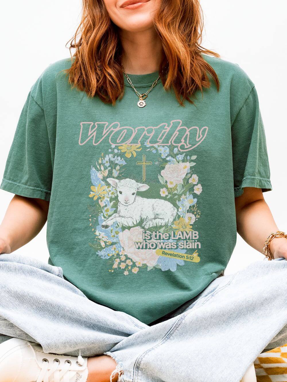 Worthy_is_the_Lamb_Light_Green Worthy is the Lamb Who Was Slain Floral Easter Graphic Distressed T-Shirt Christian Tee - Image 1