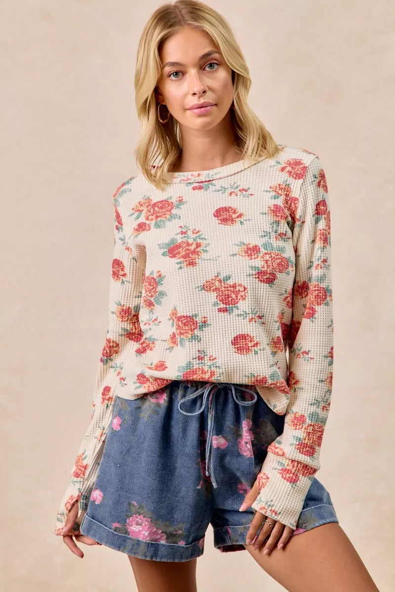 ca77b37bc85b4d8a8bedd19c3e6503ac-Max-Origin BiBi Floral Print Washed Waffle Thermal Top With Thumb - Image 1